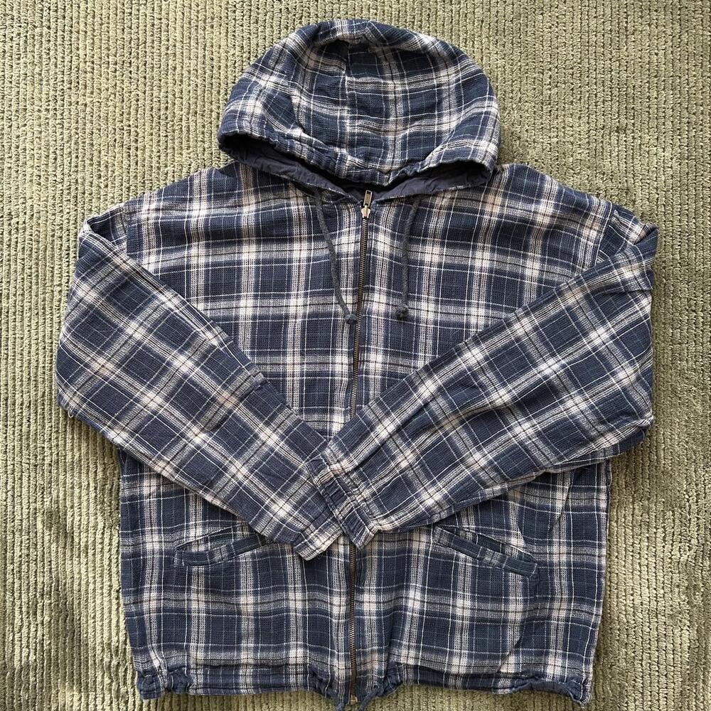 Menโs Blue White Plaid Flannel Zip-Up Hoodie - L/XL
